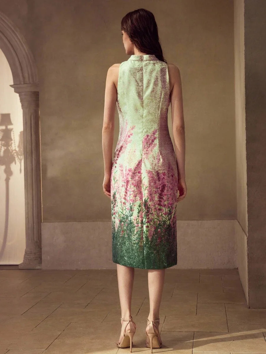 PREMIUM JACQUARD FLORAL PRINT KEYHOLE NECK SPLIT THIGH SLIM FIT DRESS