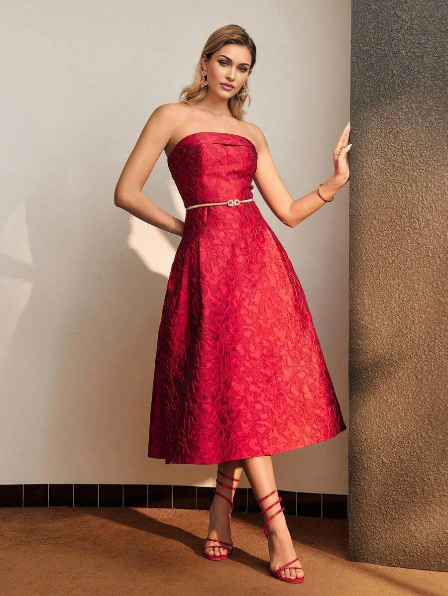 PREMIUM JACQUARD PATTERN SOLID FLARE HEM TUBE MIDI DRESS