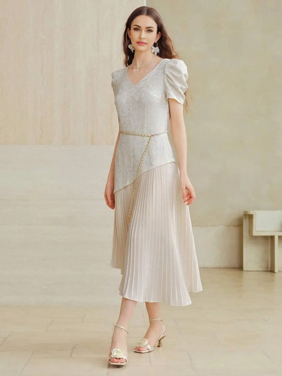 PREMIUM JACQUARD PLEATED HEM DRESS