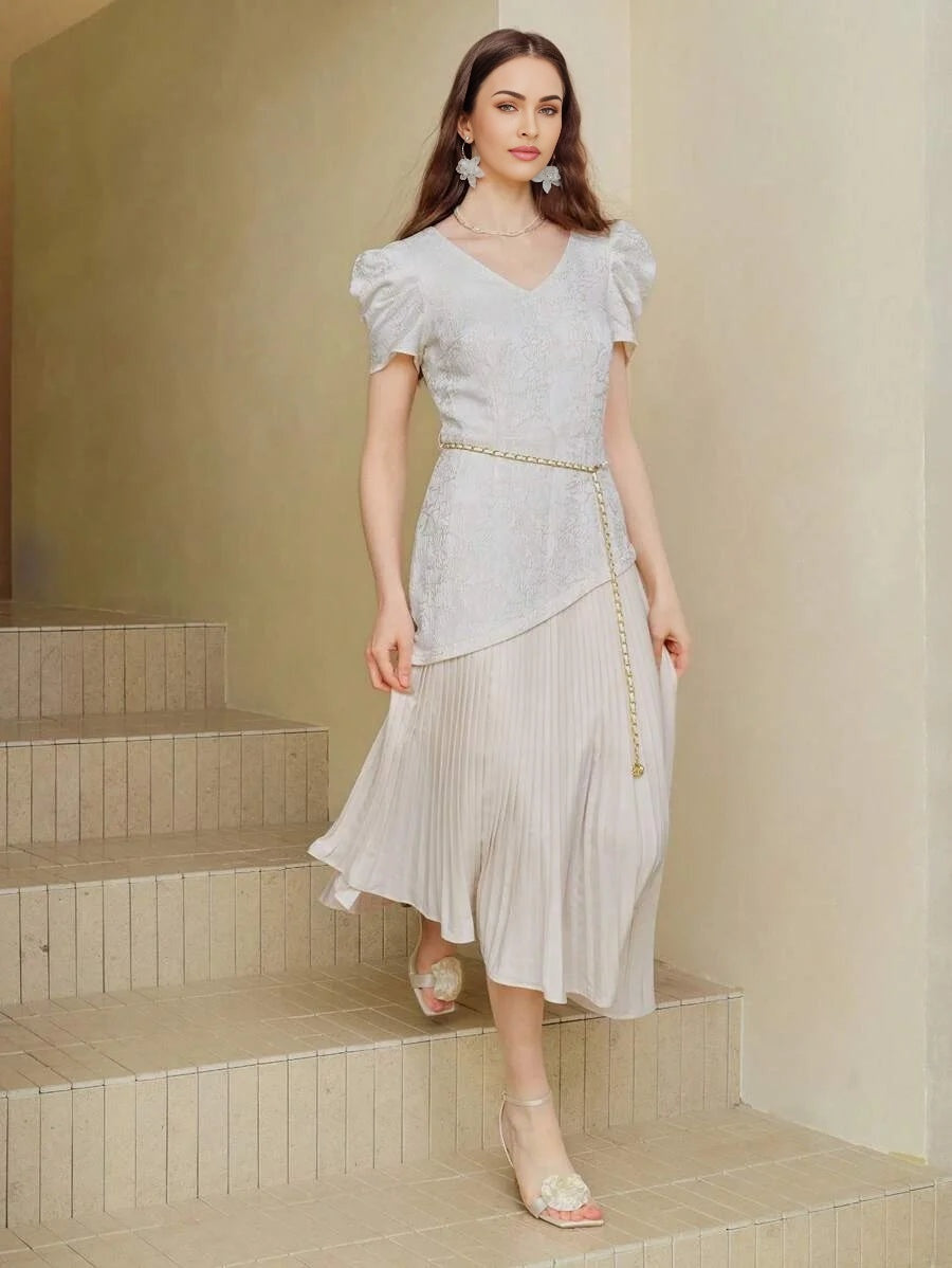 PREMIUM JACQUARD PLEATED HEM DRESS