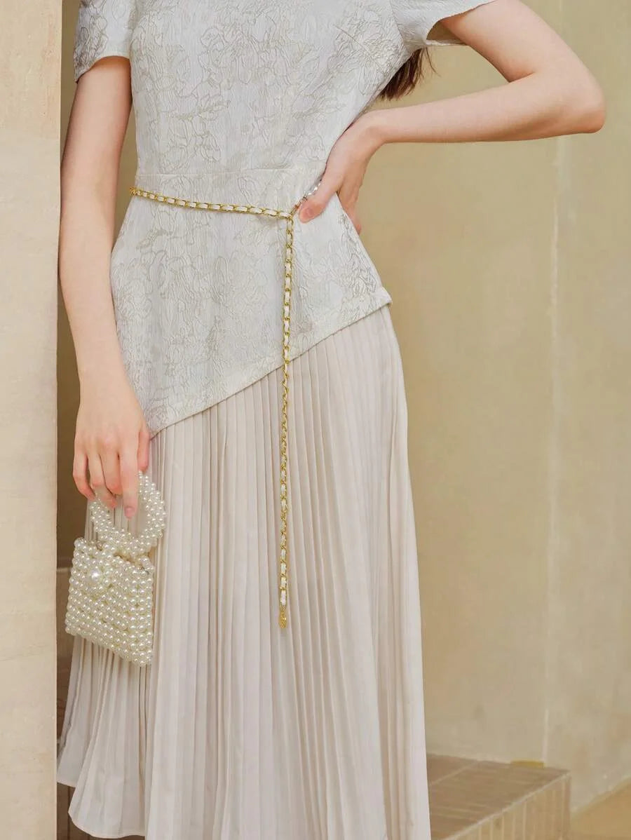 PREMIUM JACQUARD PLEATED HEM DRESS