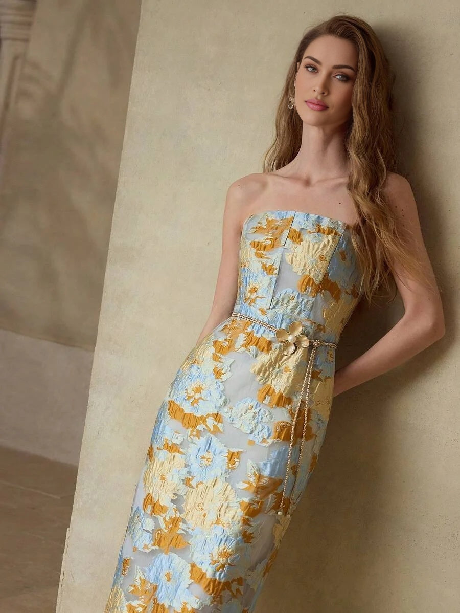 PREMIUM JACQUARD SPLIT HEM TUBE DRESS