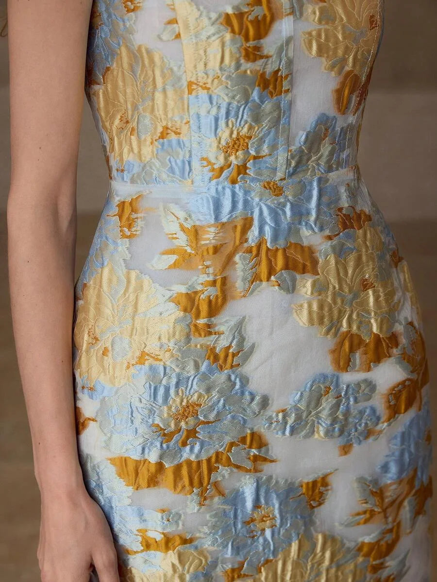 PREMIUM JACQUARD SPLIT HEM TUBE DRESS