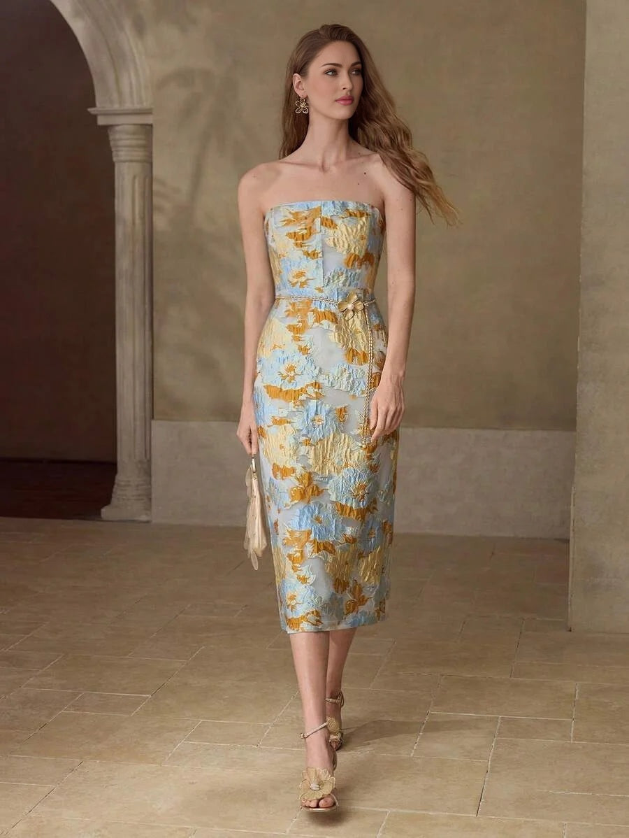 PREMIUM JACQUARD SPLIT HEM TUBE DRESS