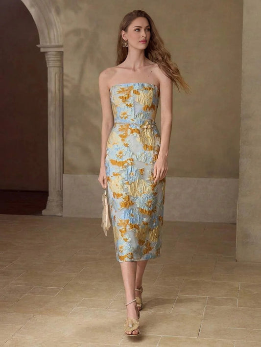 PREMIUM JACQUARD SPLIT HEM TUBE DRESS