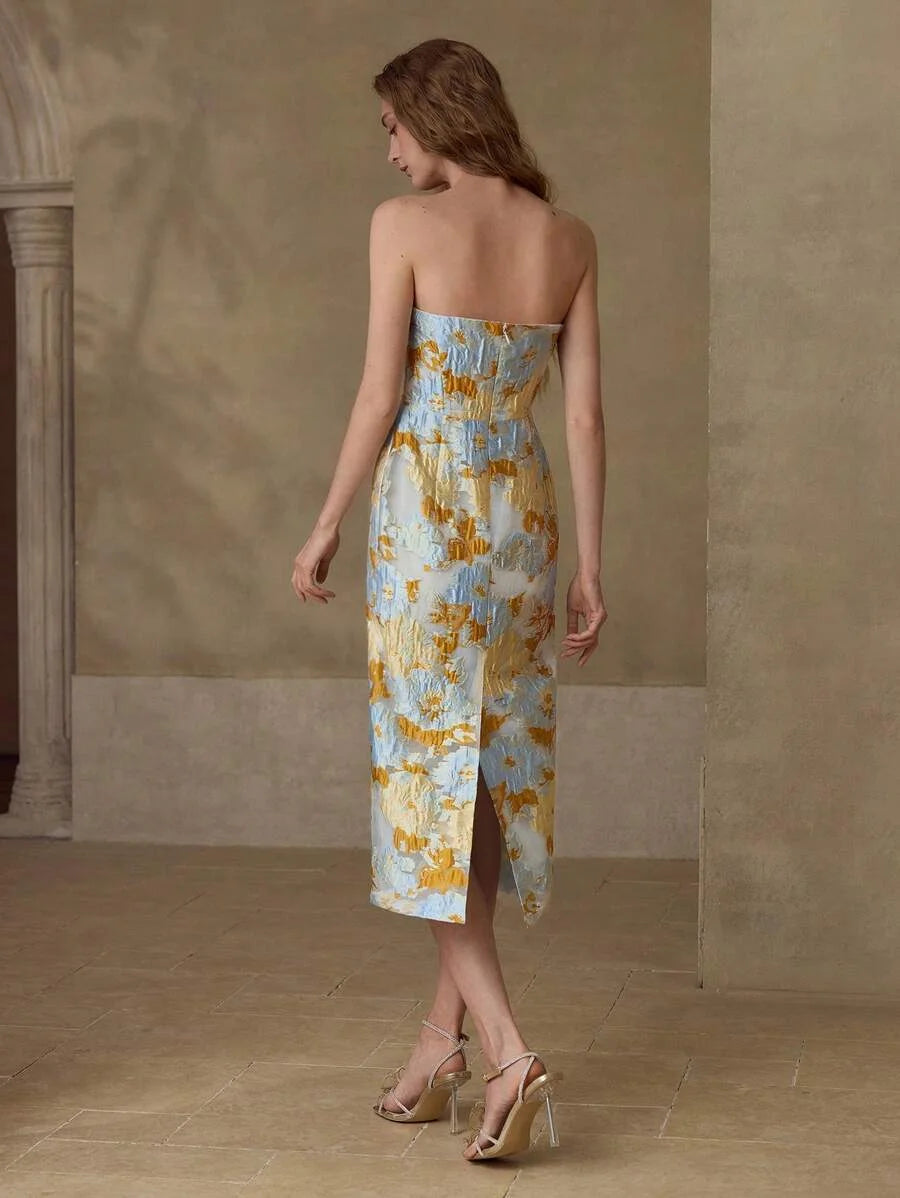 PREMIUM JACQUARD SPLIT HEM TUBE DRESS