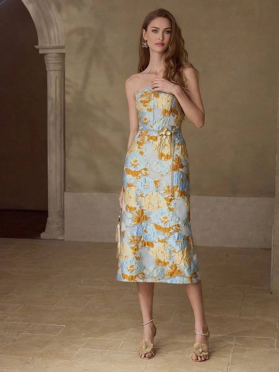 PREMIUM JACQUARD SPLIT HEM TUBE DRESS