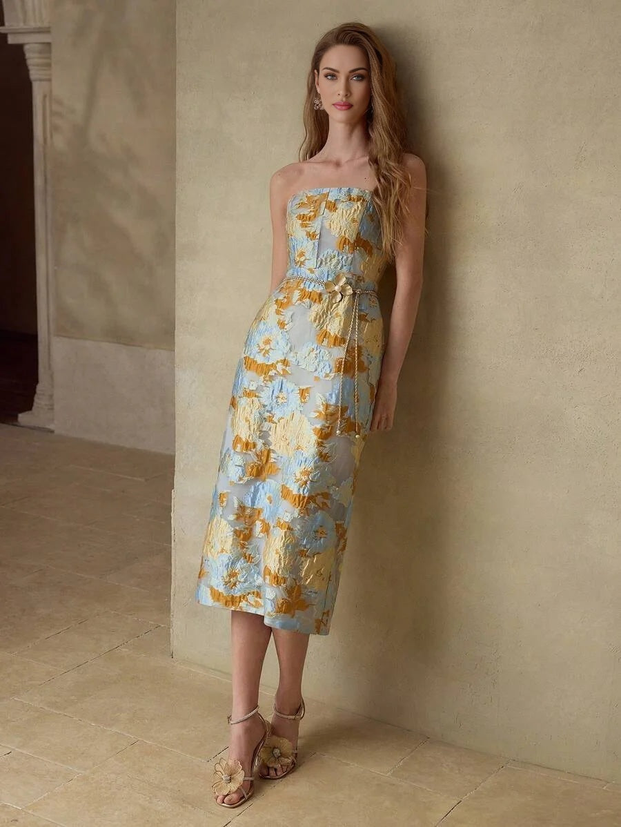 PREMIUM JACQUARD SPLIT HEM TUBE DRESS