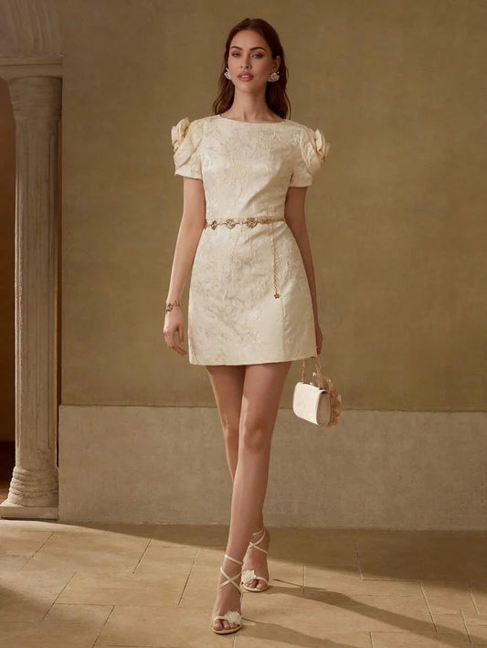 PREMIUM JACQUARD STEREO FLOWER DETAIL MINI DRESS WITHOUT CHAIN BELT