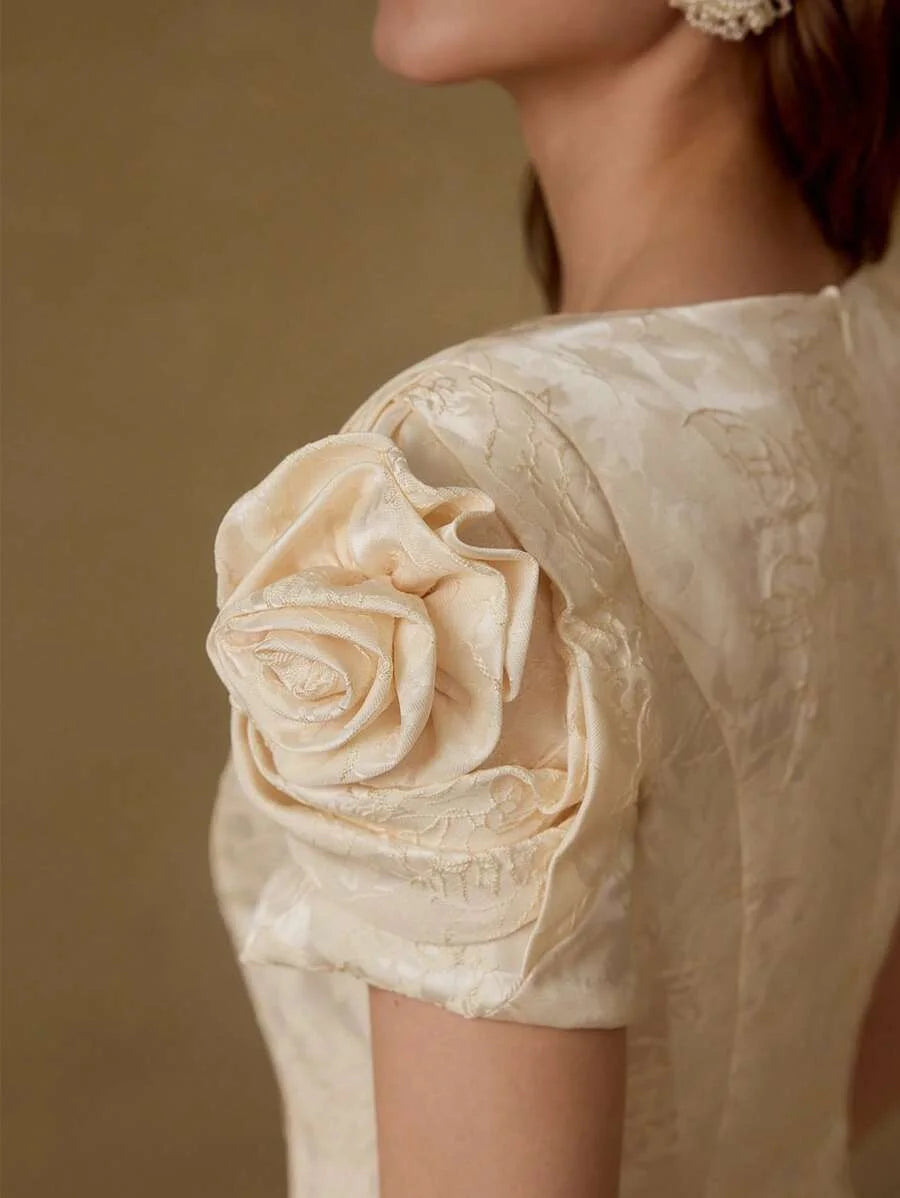 PREMIUM JACQUARD STEREO FLOWER DETAIL MINI DRESS WITHOUT CHAIN BELT