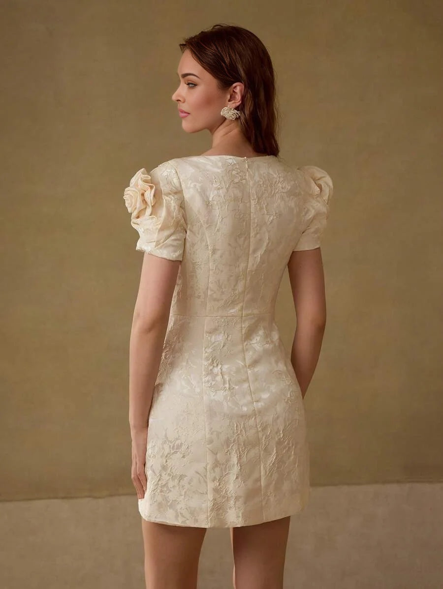 PREMIUM JACQUARD STEREO FLOWER DETAIL MINI DRESS WITHOUT CHAIN BELT