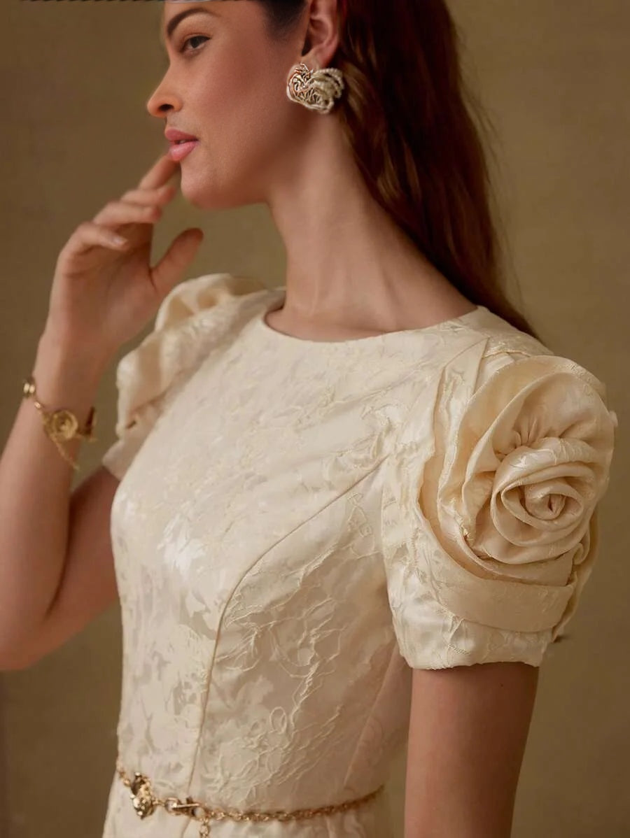 PREMIUM JACQUARD STEREO FLOWER DETAIL MINI DRESS WITHOUT CHAIN BELT