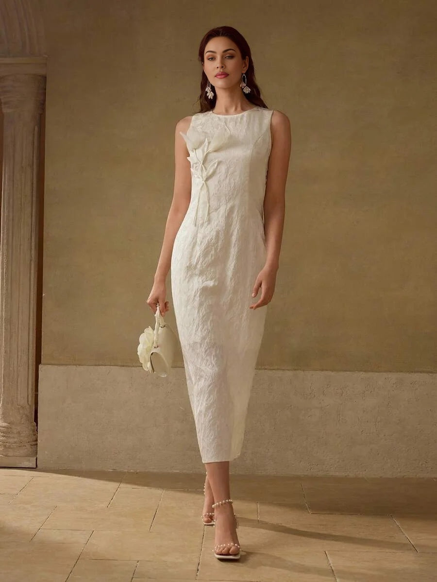 PREMIUM JACQUARD STEREO FLOWER SPLIT HEM SLIM FIT DRESS