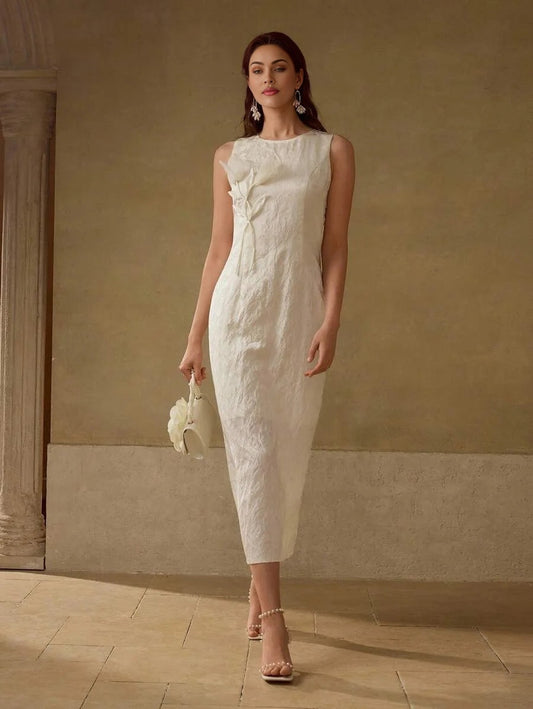 PREMIUM JACQUARD STEREO FLOWER SPLIT HEM SLIM FIT DRESS