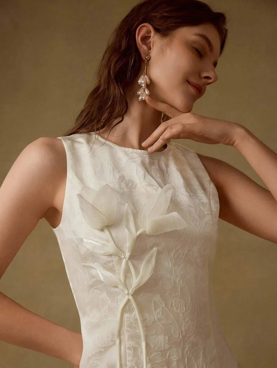 PREMIUM JACQUARD STEREO FLOWER SPLIT HEM SLIM FIT DRESS