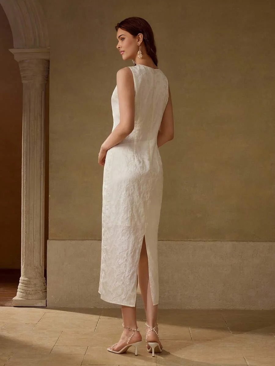 PREMIUM JACQUARD STEREO FLOWER SPLIT HEM SLIM FIT DRESS