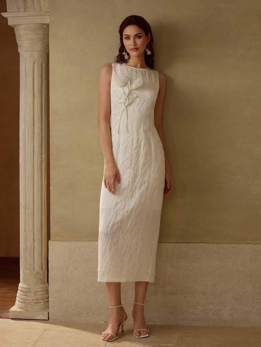 PREMIUM JACQUARD STEREO FLOWER SPLIT HEM SLIM FIT DRESS