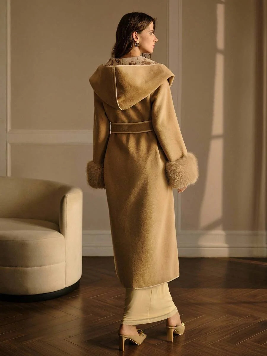 PREMIUM KHAKI FLORAL PRINT PATCHWORK FAUX FUR TRIM OVERCOAT