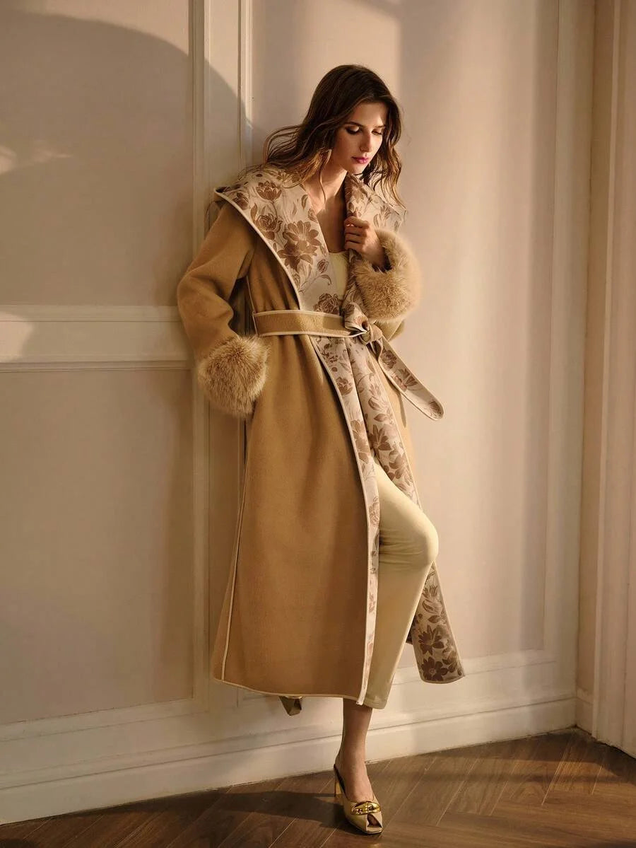 PREMIUM KHAKI FLORAL PRINT PATCHWORK FAUX FUR TRIM OVERCOAT