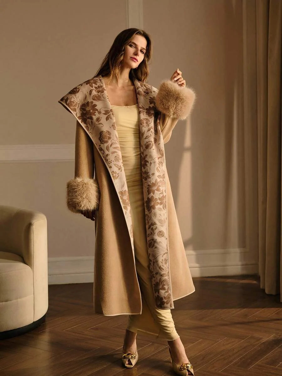 PREMIUM KHAKI FLORAL PRINT PATCHWORK FAUX FUR TRIM OVERCOAT