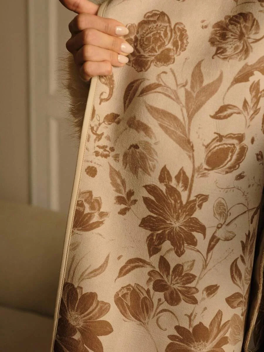 PREMIUM KHAKI FLORAL PRINT PATCHWORK FAUX FUR TRIM OVERCOAT