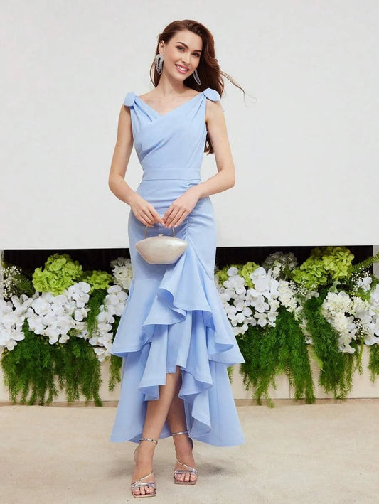PREMIUM KNOT SHOULDER RUCHED LAYERED RUFFLE HEM DRESSHOLIDAY PARTY BIRTHDAY FORMAL EVENING OCCASSION