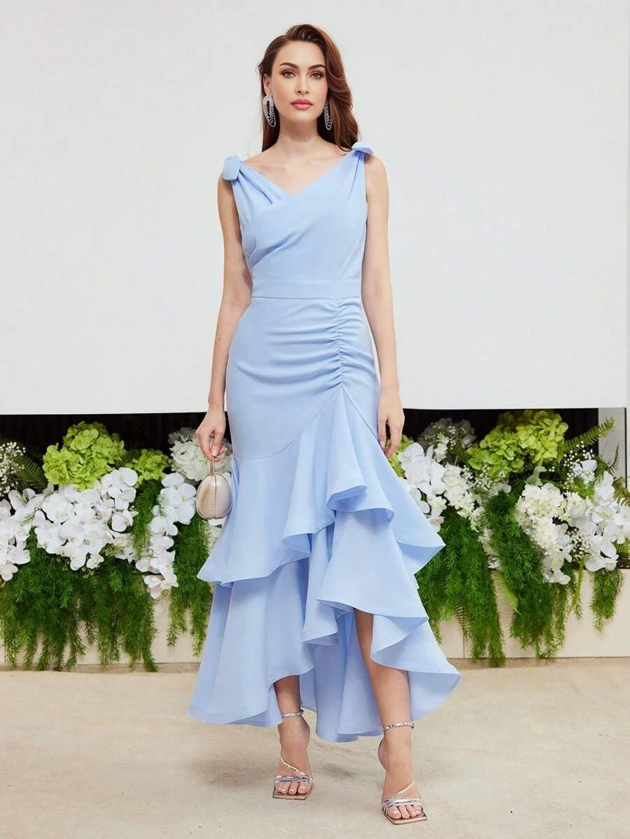 PREMIUM KNOT SHOULDER RUCHED LAYERED RUFFLE HEM DRESSHOLIDAY PARTY BIRTHDAY FORMAL EVENING OCCASSION