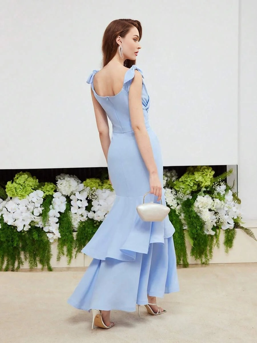 PREMIUM KNOT SHOULDER RUCHED LAYERED RUFFLE HEM DRESSHOLIDAY PARTY BIRTHDAY FORMAL EVENING OCCASSION