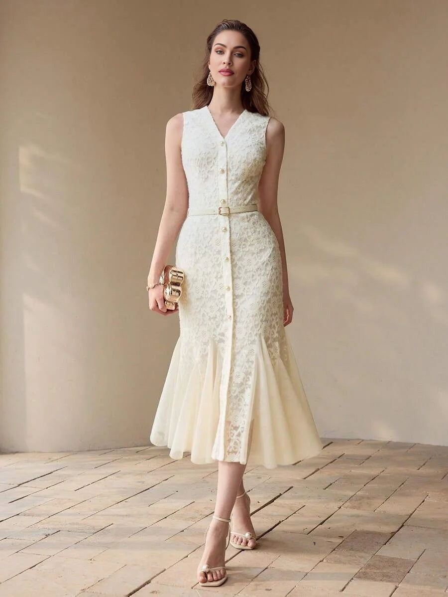 PREMIUM LACE CONTRAST MESH MERMAID HEM DRESSSPRINGSUMMER