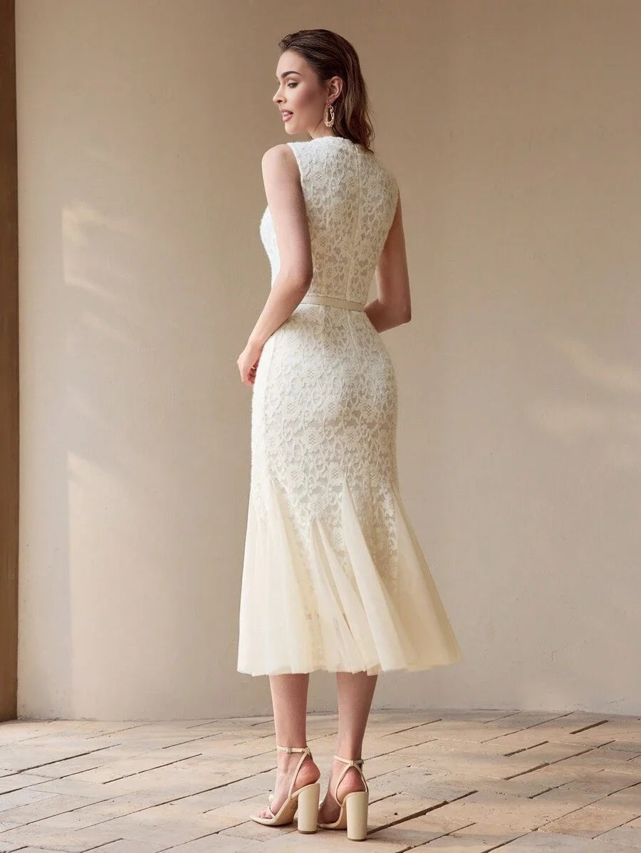 PREMIUM LACE CONTRAST MESH MERMAID HEM DRESSSPRINGSUMMER