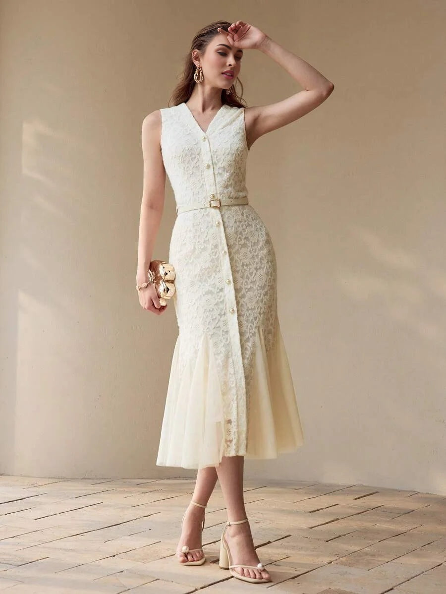 PREMIUM LACE CONTRAST MESH MERMAID HEM DRESSSPRINGSUMMER