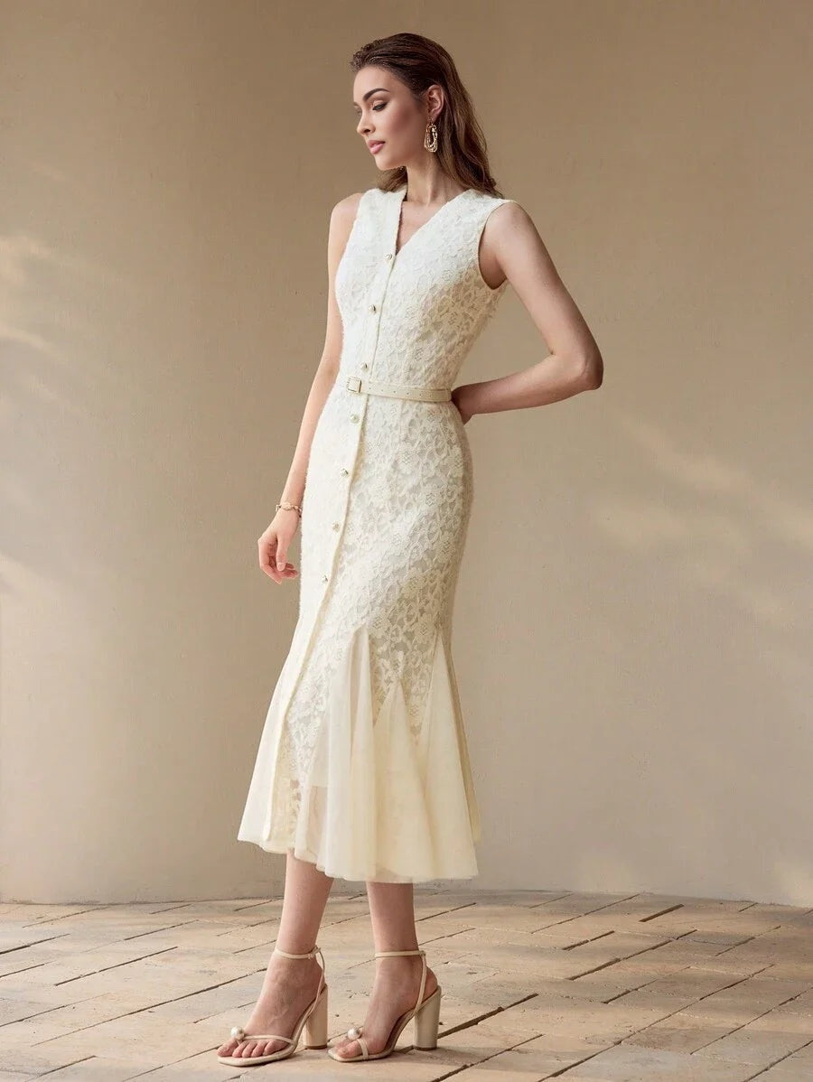 PREMIUM LACE CONTRAST MESH MERMAID HEM DRESSSPRINGSUMMER