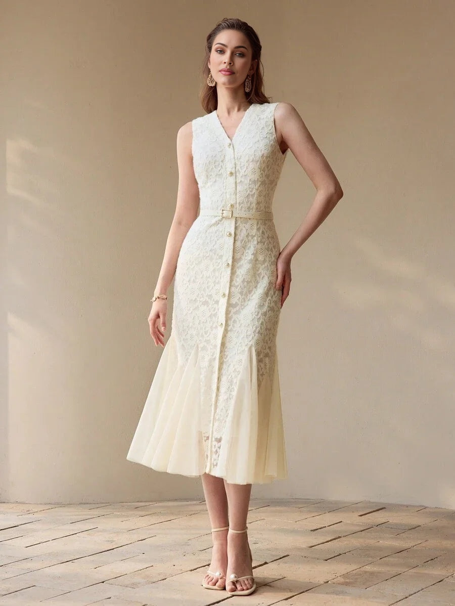 PREMIUM LACE CONTRAST MESH MERMAID HEM DRESSSPRINGSUMMER