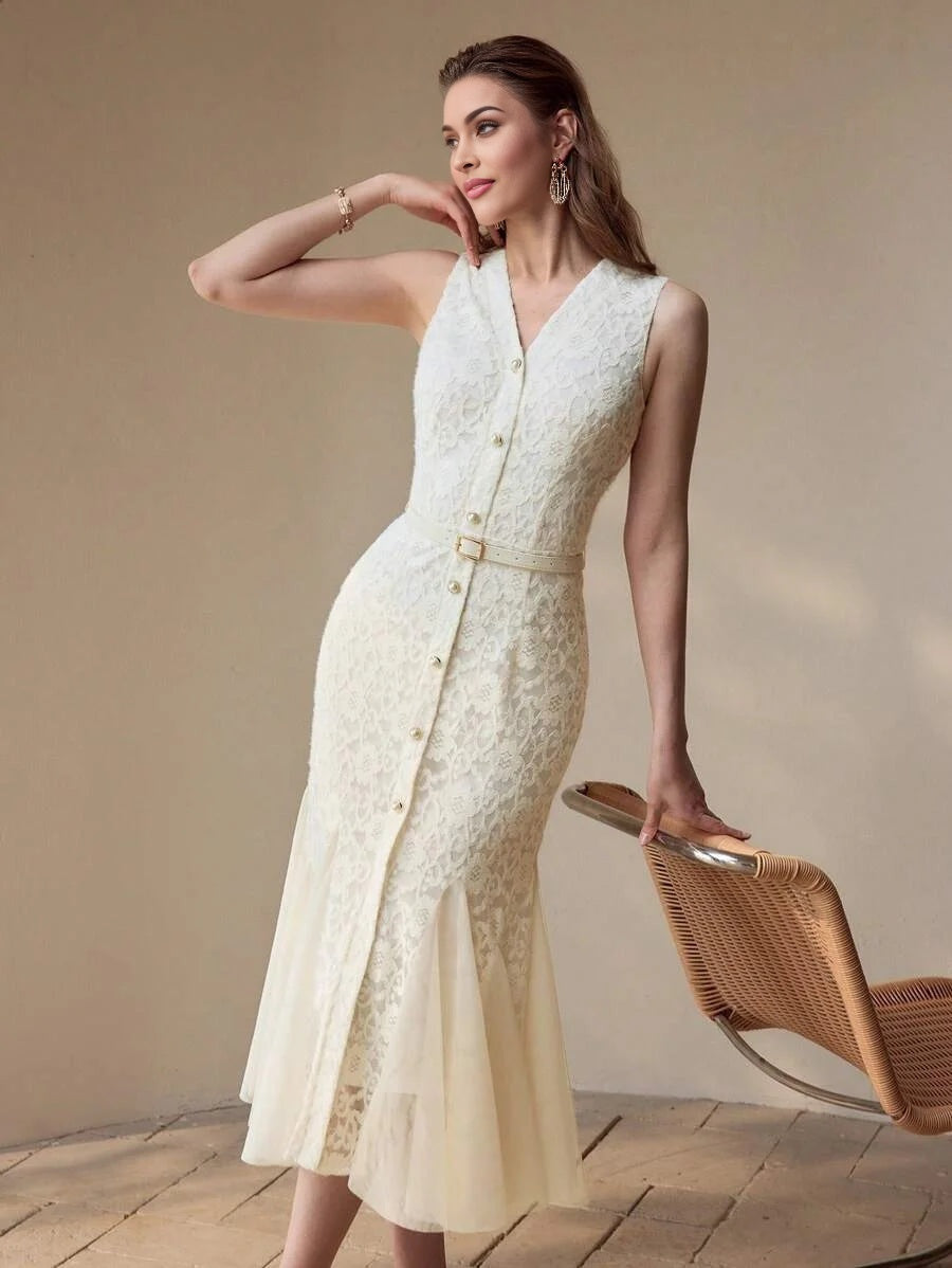 PREMIUM LACE CONTRAST MESH MERMAID HEM DRESSSPRINGSUMMER