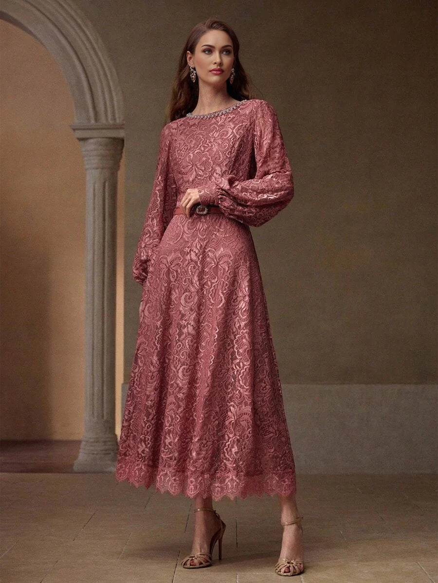 PREMIUM LACE FAUX PEARL DECOR DRESS