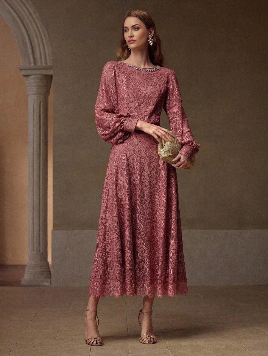 PREMIUM LACE FAUX PEARL DECOR DRESS