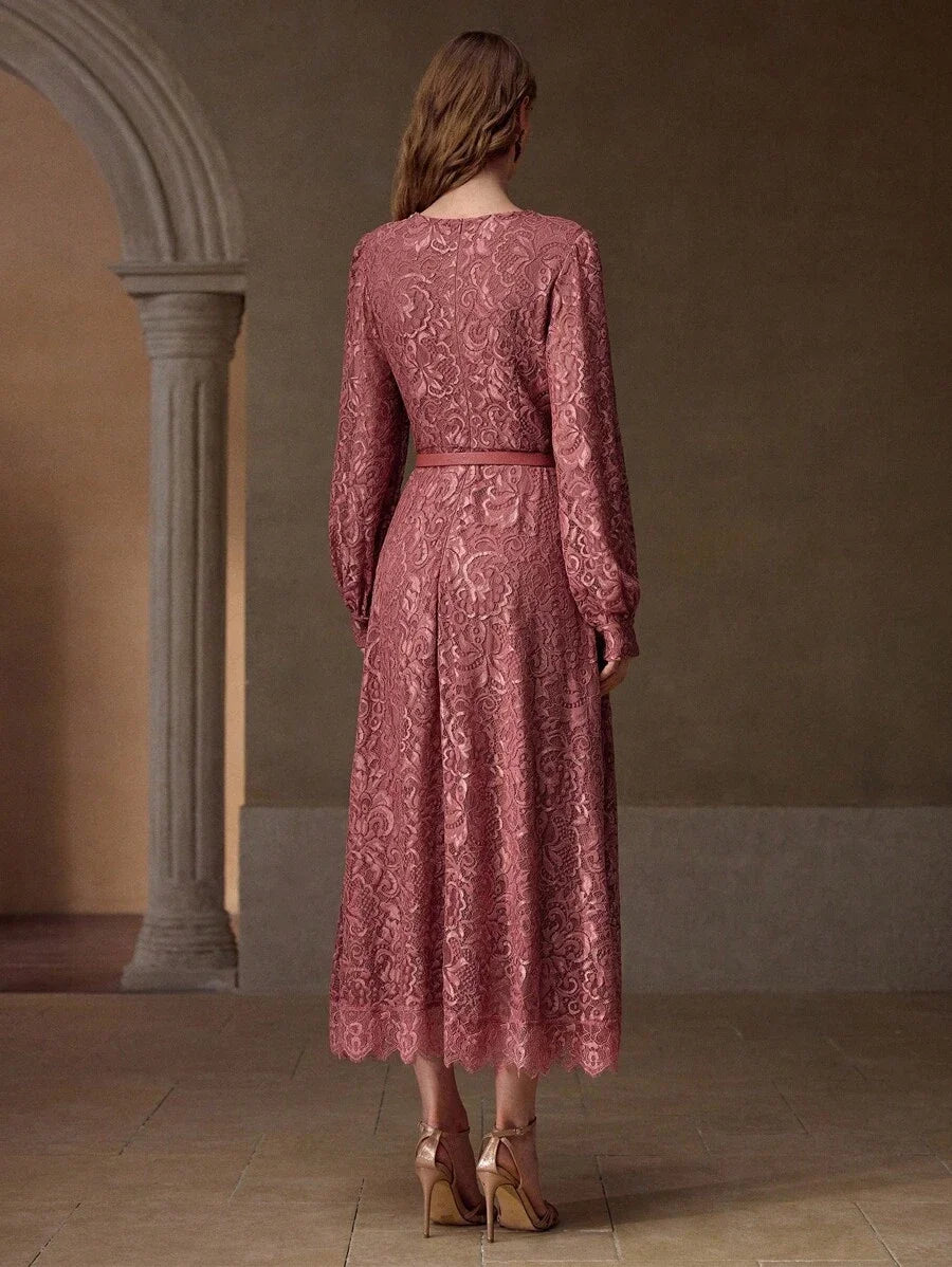 PREMIUM LACE FAUX PEARL DECOR DRESS