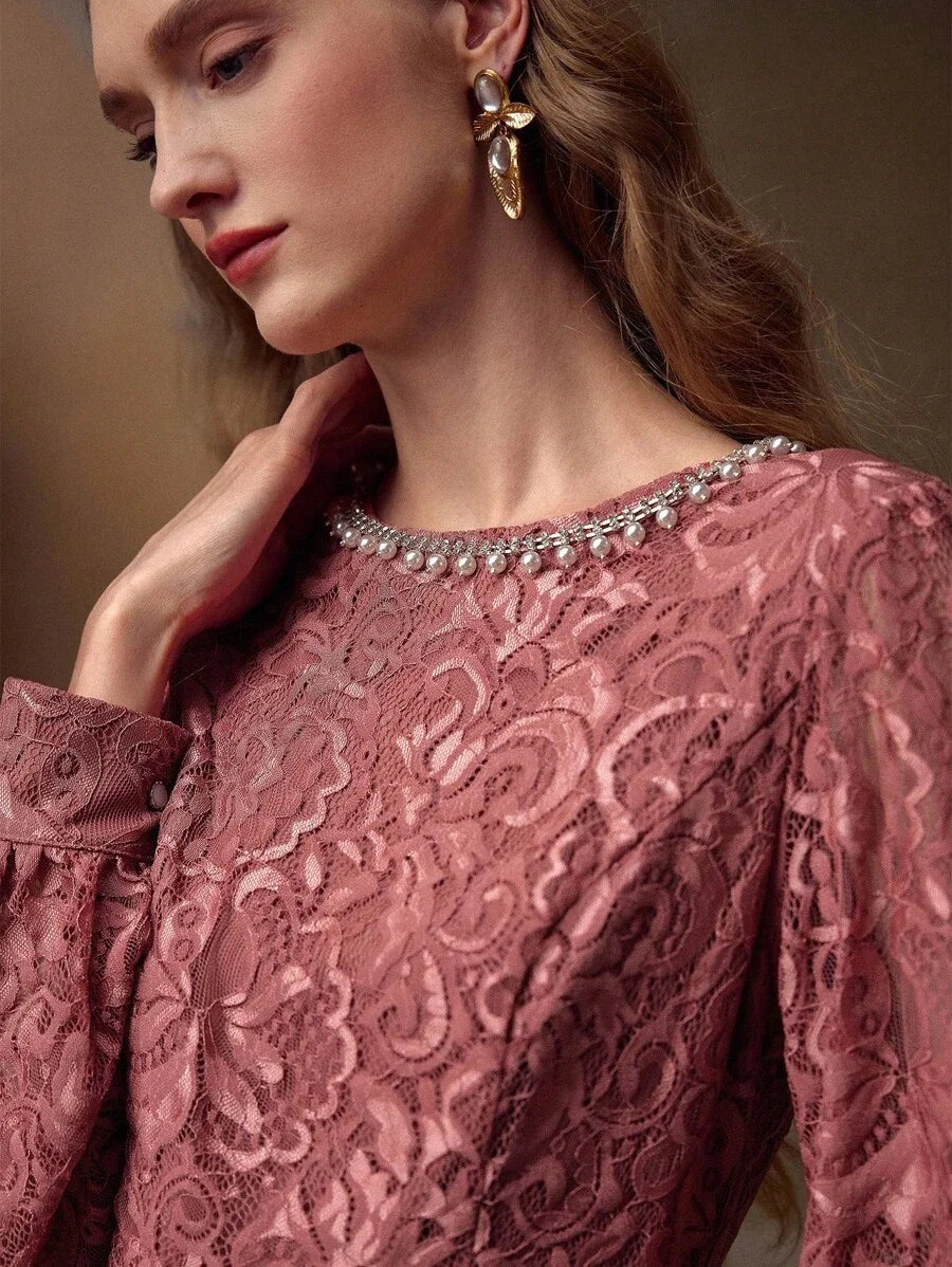 PREMIUM LACE FAUX PEARL DECOR DRESS