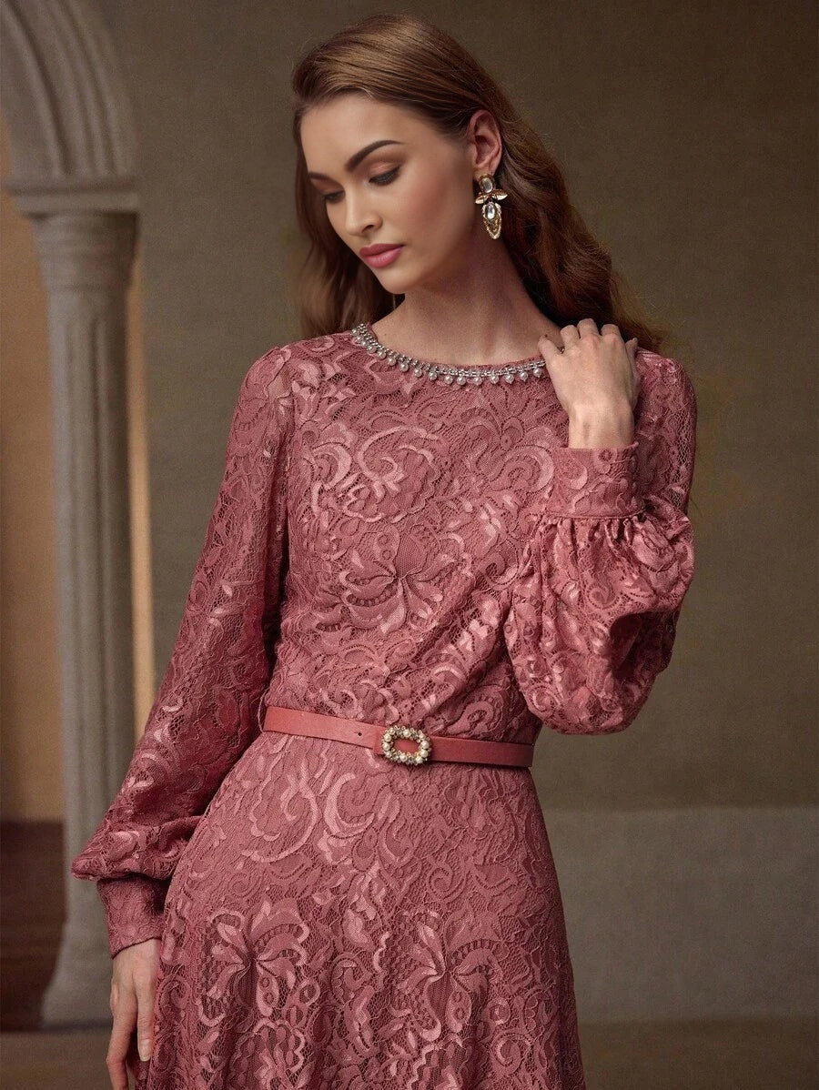 PREMIUM LACE FAUX PEARL DECOR DRESS