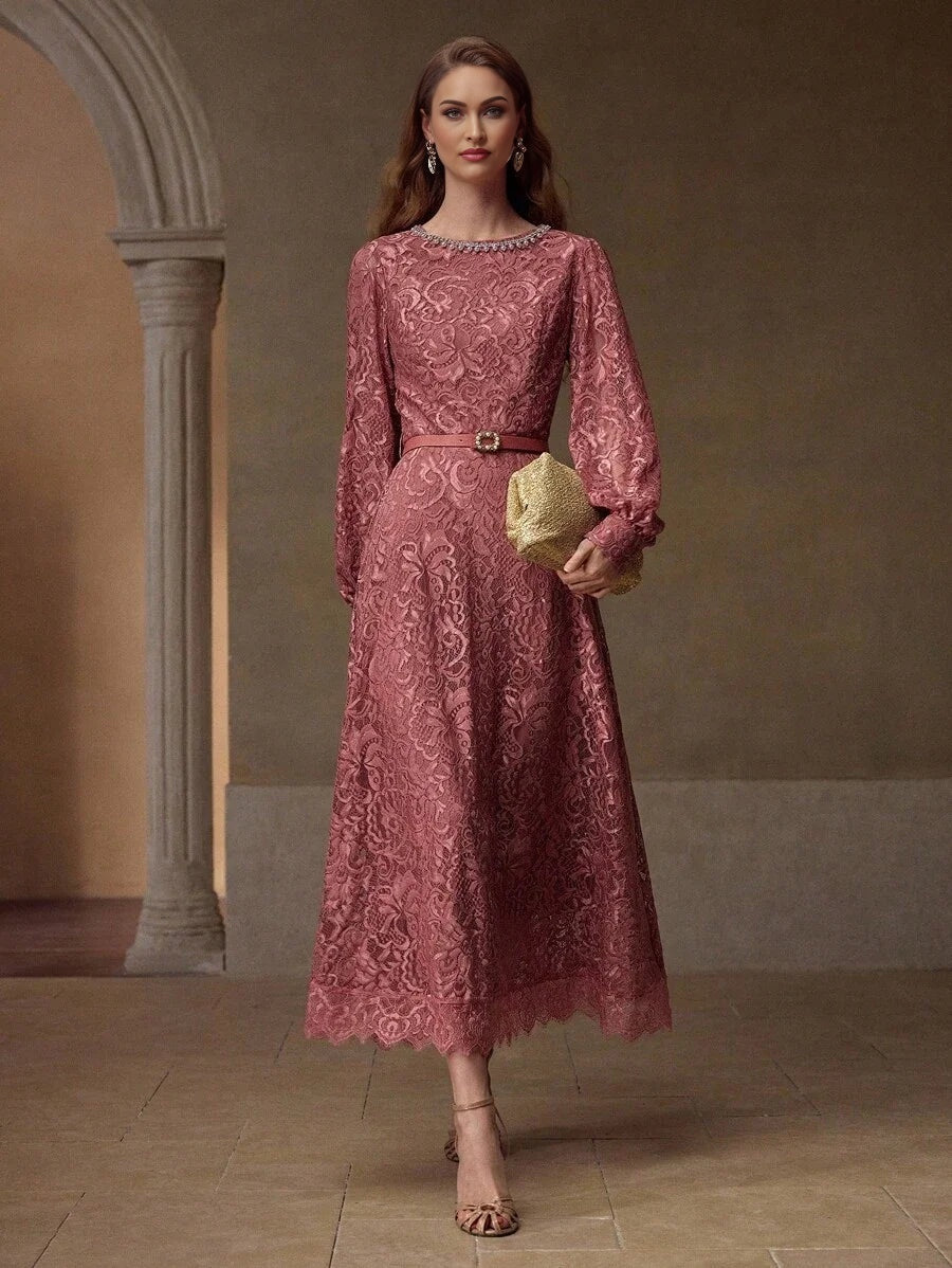 PREMIUM LACE FAUX PEARL DECOR DRESS