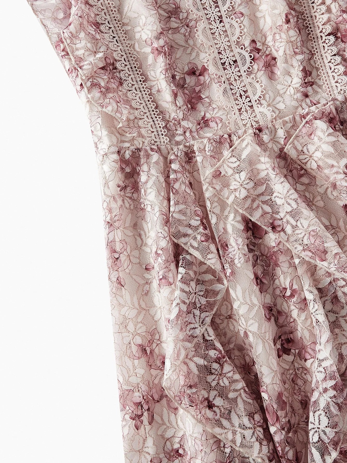 PREMIUM LACE FLORAL PRINT RUFFLE TRIM DRESS