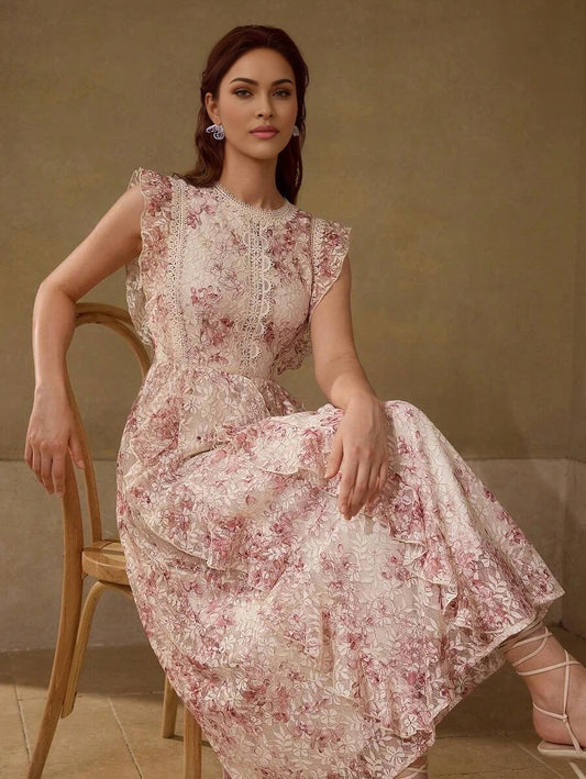 PREMIUM LACE FLORAL PRINT RUFFLE TRIM DRESS