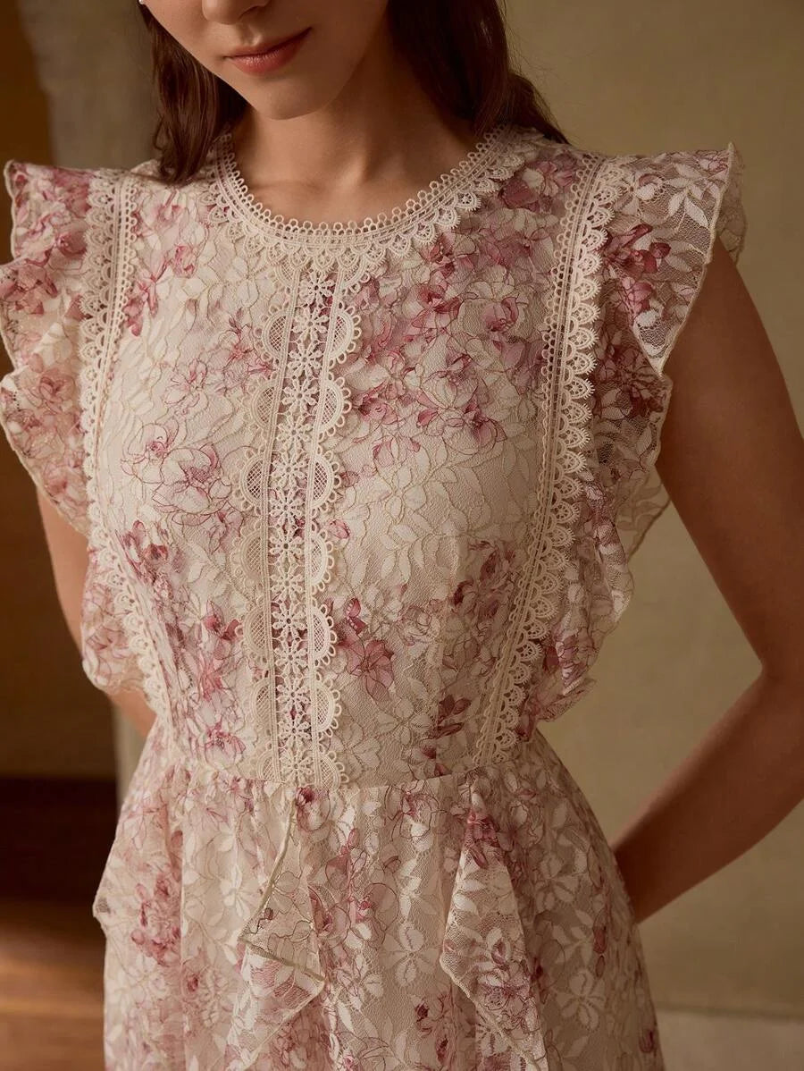 PREMIUM LACE FLORAL PRINT RUFFLE TRIM DRESS