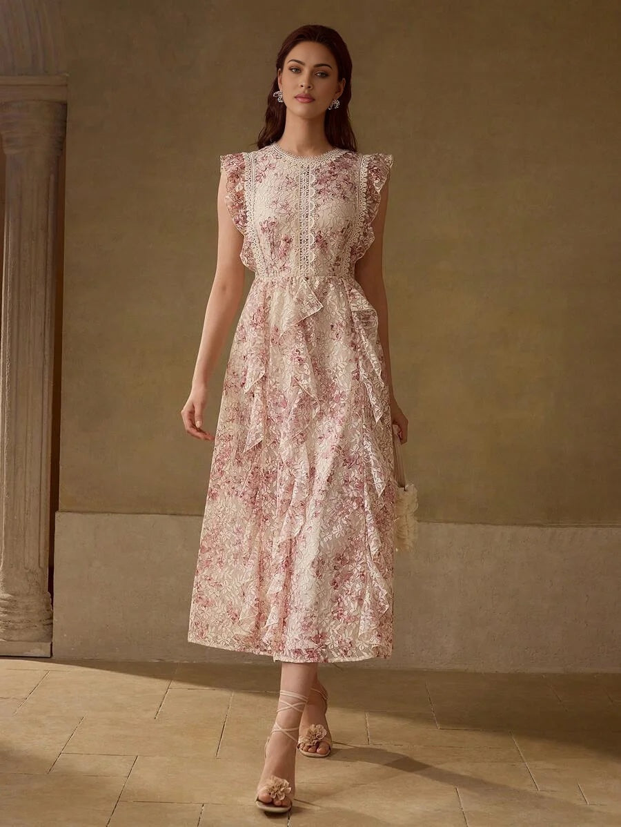 PREMIUM LACE FLORAL PRINT RUFFLE TRIM DRESS
