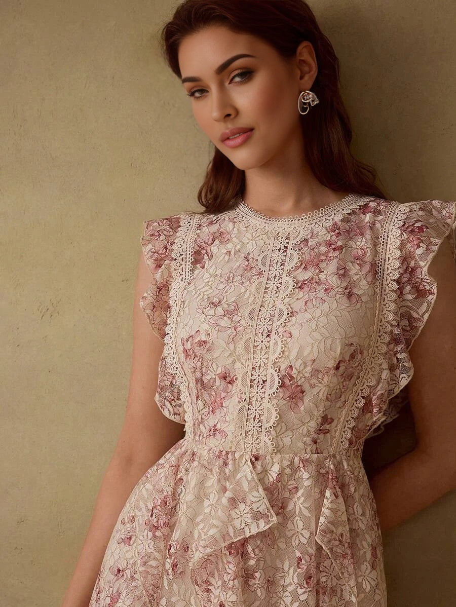 PREMIUM LACE FLORAL PRINT RUFFLE TRIM DRESS