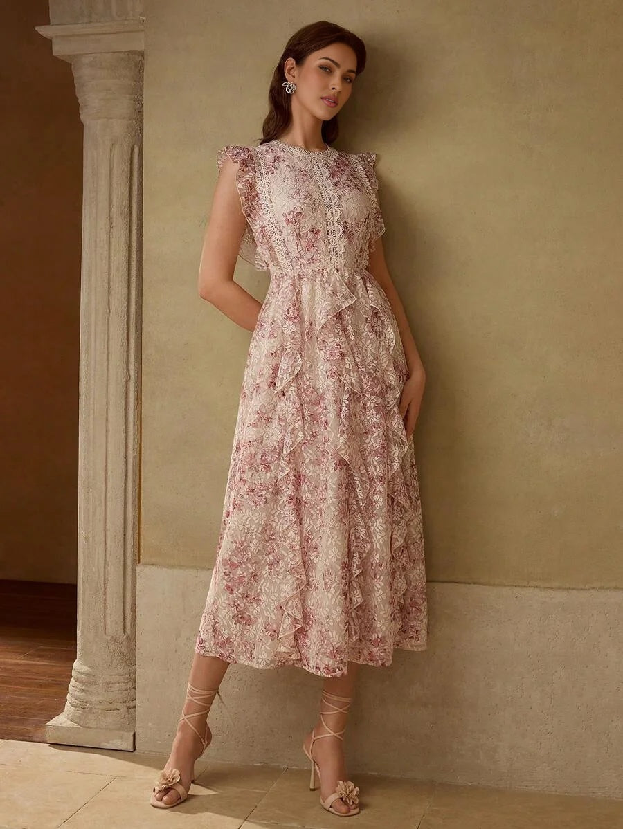 PREMIUM LACE FLORAL PRINT RUFFLE TRIM DRESS