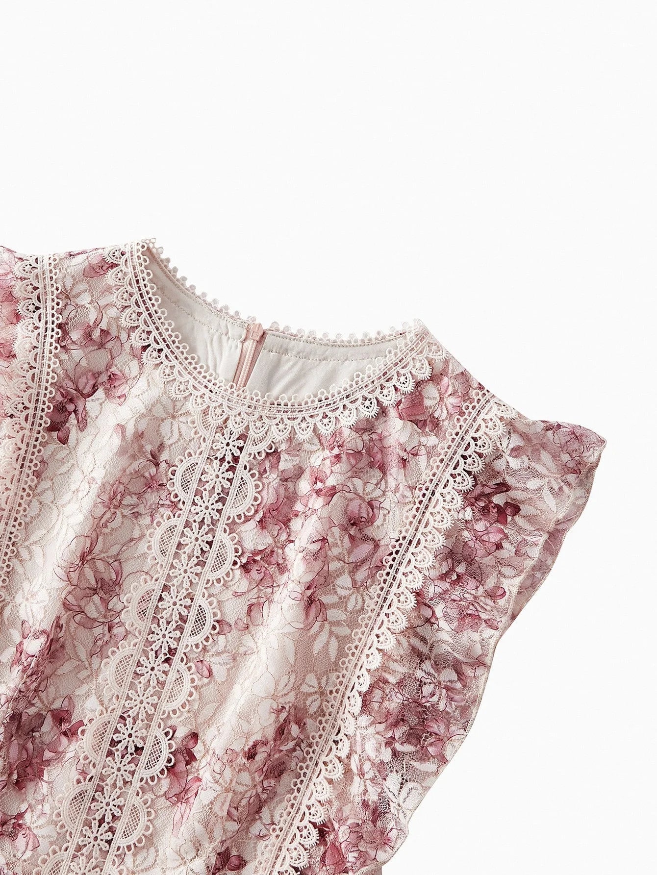 PREMIUM LACE FLORAL PRINT RUFFLE TRIM DRESS