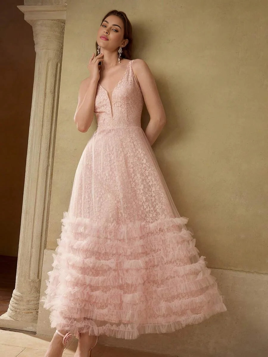 PREMIUM LACE MESH PANEL LAYERED RUFFLE HEM COCKTAIL DRESS