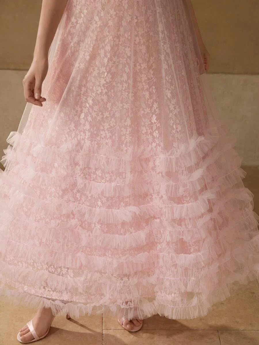 PREMIUM LACE MESH PANEL LAYERED RUFFLE HEM COCKTAIL DRESS