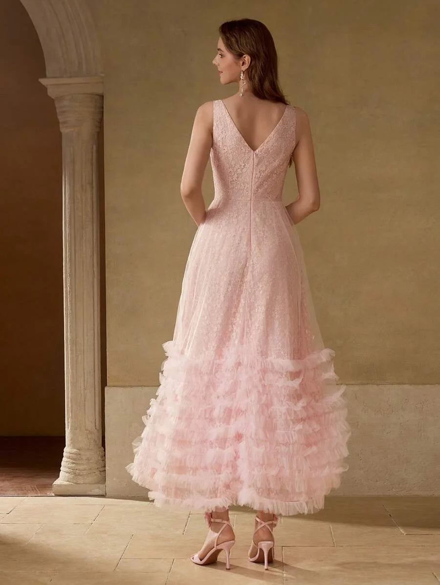 PREMIUM LACE MESH PANEL LAYERED RUFFLE HEM COCKTAIL DRESS